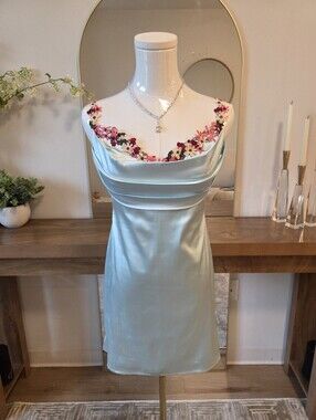 Light Blue Satin Mini Dress with Floral Embroidered Neckline